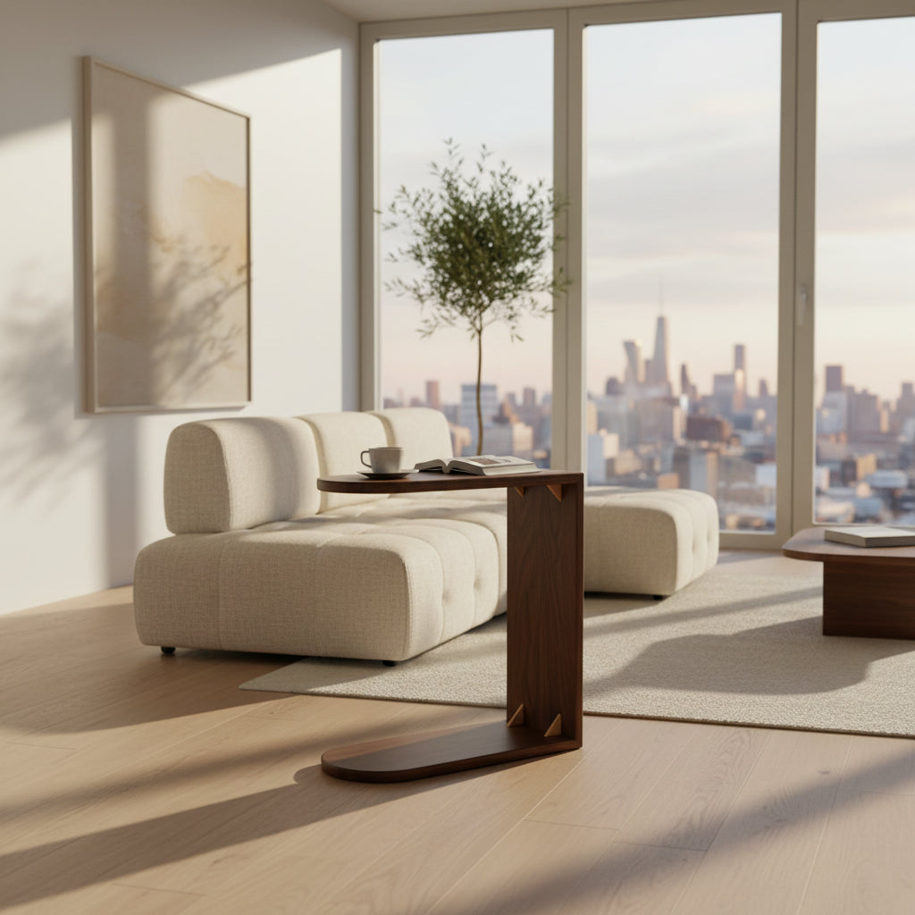 A Black Walnut C side table in an aprtment setting