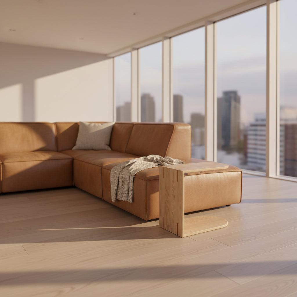 A light natural White Ash wooden C side table placed in front of a tan leather sectional sofa in a living room setting 