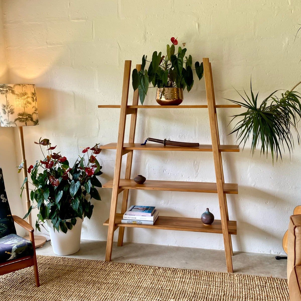 Ladder shelf stand in Pacific Rimu timber, overhead detail view showing shelf construction and spacing