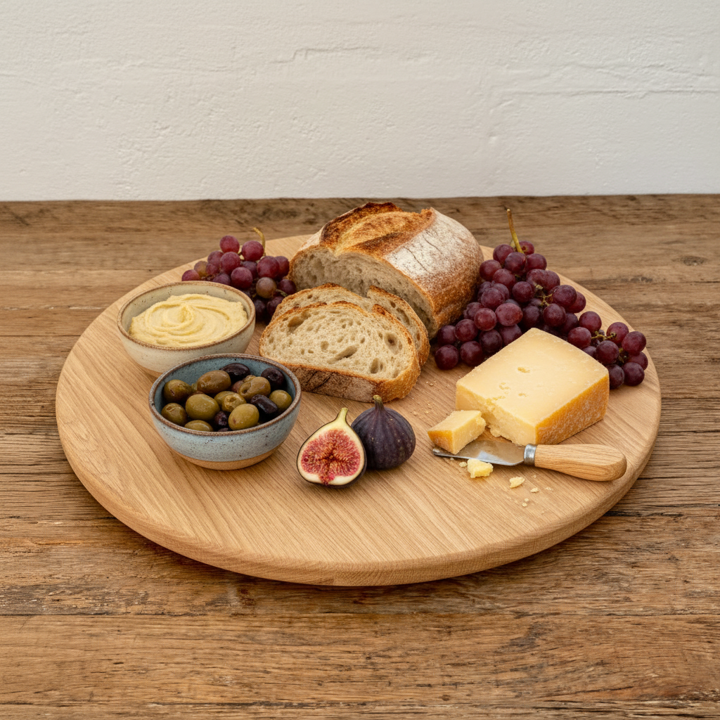 A round white oak lazy Susan, turntable styled with sliced artisan bread, a wedge of cheese, grapes, olives, a bowl of dip, and figs on a rustic wooden table against a white wall.