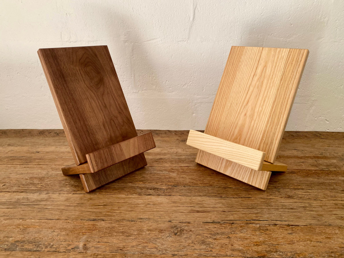Book stand in White Ash and Black Walnut, flat disassembled showing two-piece slot-together construction