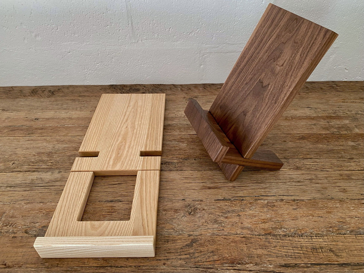 Book stand in Black Walnut and White Ash one assembled one disassembled