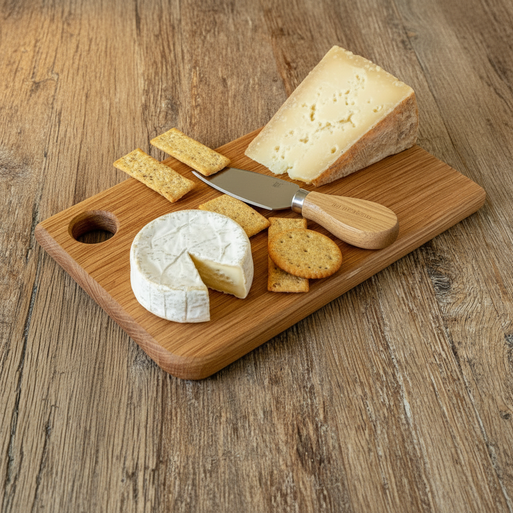 white oak chopping board with cheese, crackers and a knife on a rustic table