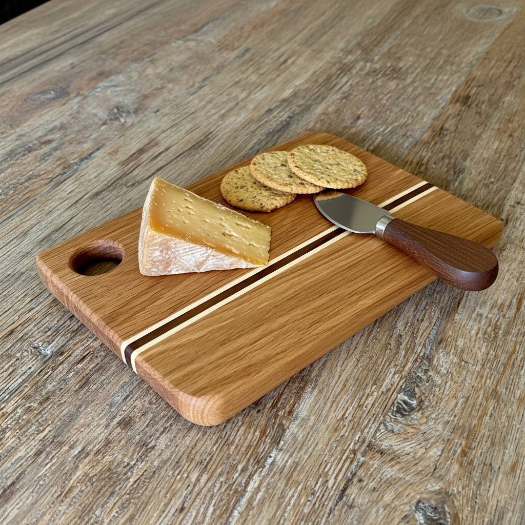 A rectangular wooden cheese board with two parallel inlay stripes, shown on a rustic wood tabletop. A wedge of cheese, three round crackers, and a small knife with a dark wooden handle are arranged on the board.